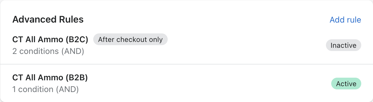 A rule with the After checkout only badge, disabled after switching flows