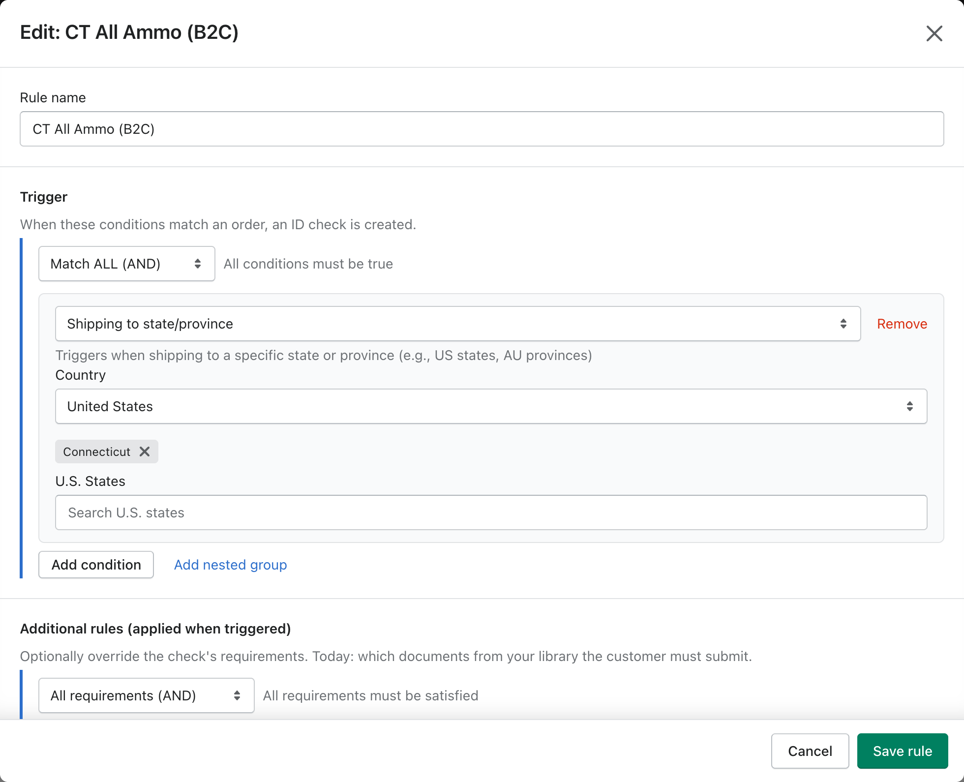 The rule editor with a shipping state condition configured